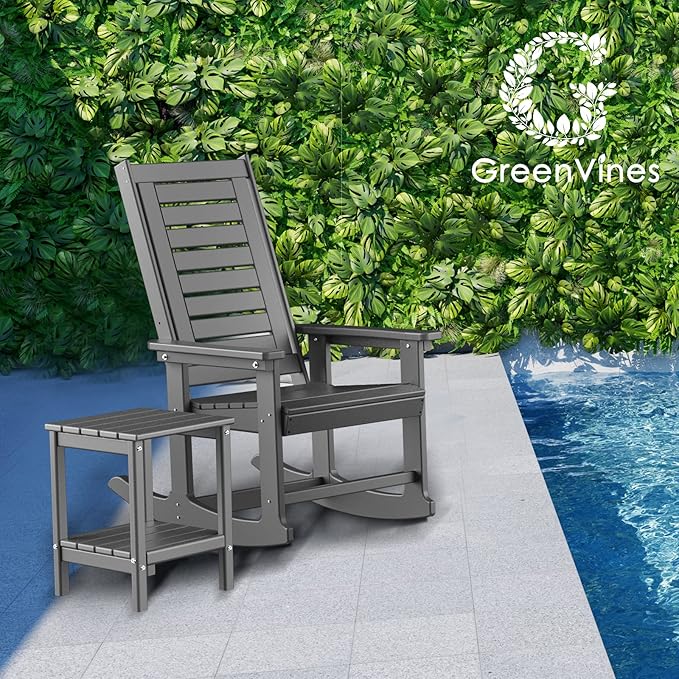 GREENVINES Outdoor Rocking Chairs | Set of 4 | Porch Rocker | HDPE Plastic | Grey | Oversized Rockers | High Back | Big &amp Tall | Ladder Back | for Patio Outside Backyard Balcony Garden