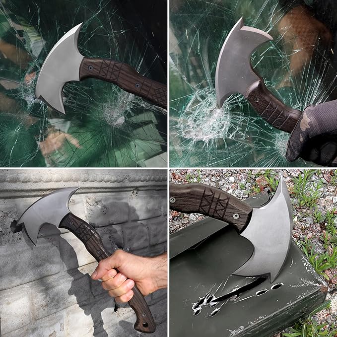 AncientSmithy Tomahawk Axe - Handmade Tactical Tomahawk Hatchet - Full Tang Combat Axe for Military Camping and Outdoor Activities (Three Spikes Oak Handle Kydex Sheath)