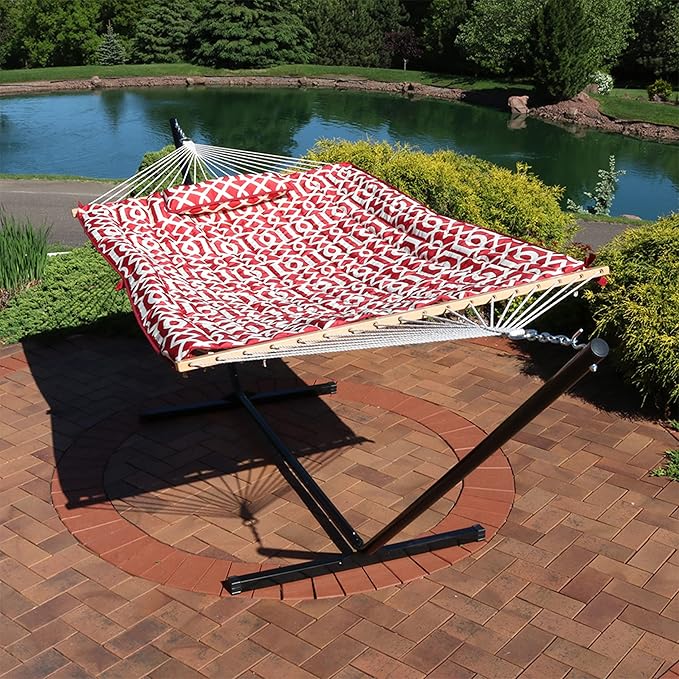 Sunnydaze Rope Hammock with Stand for Outside- 275-Pound Capacity - Includes 12-Foot Hammock Stand Spreader Bar Pad and Pillow - Royal Red