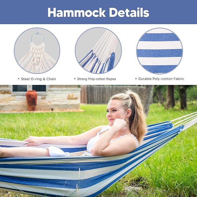 SUNCREAT Portable Large Hammock with Stand Two Person Hammock with Stand Included Patent Pending Blue White