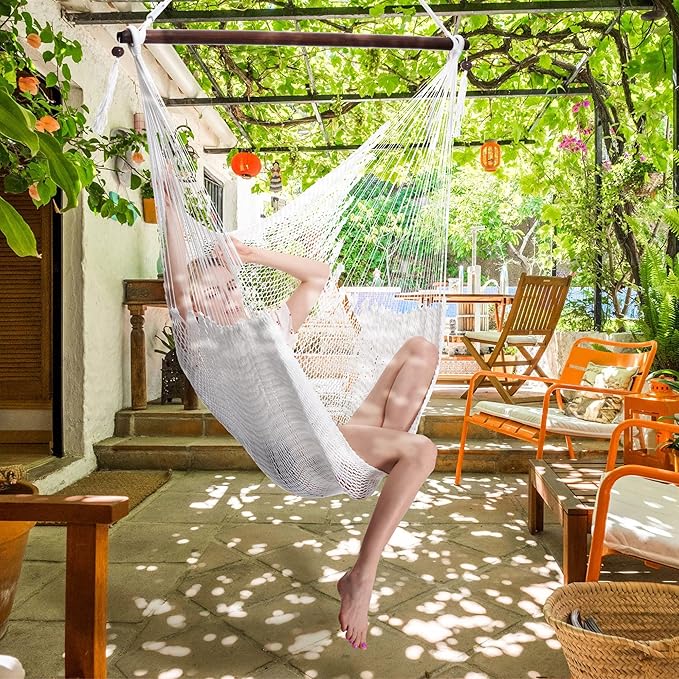 Large Caribbean Hammock Chair - 48 Inch - Polyester - Hanging Chair - White