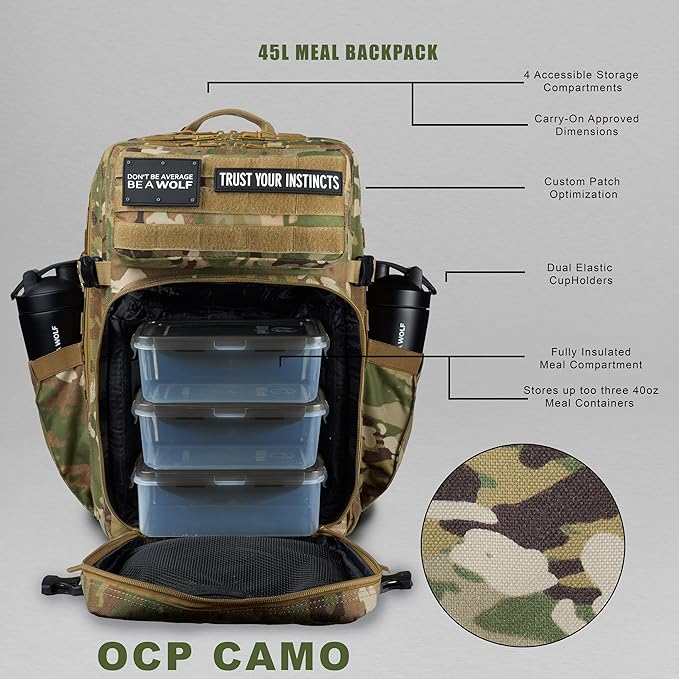 45L Meal Prep Management Backpack | with Built-in Cooler Easily Store and Carry Food Containers | Extra Large Military Rucksack for Gear Water Resistant Travel &amp Gym Bag (OCP Camo)