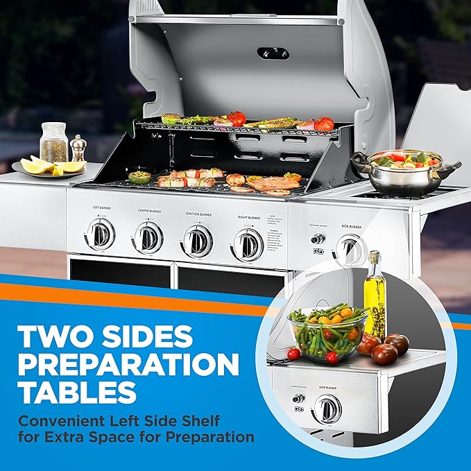 NutriChef 52000 BTU 5-Burner Stainless Steel Propane Gas Grill with Portable Design Electronic Ignition Built-in Thermometer and Heavy-Duty Construction