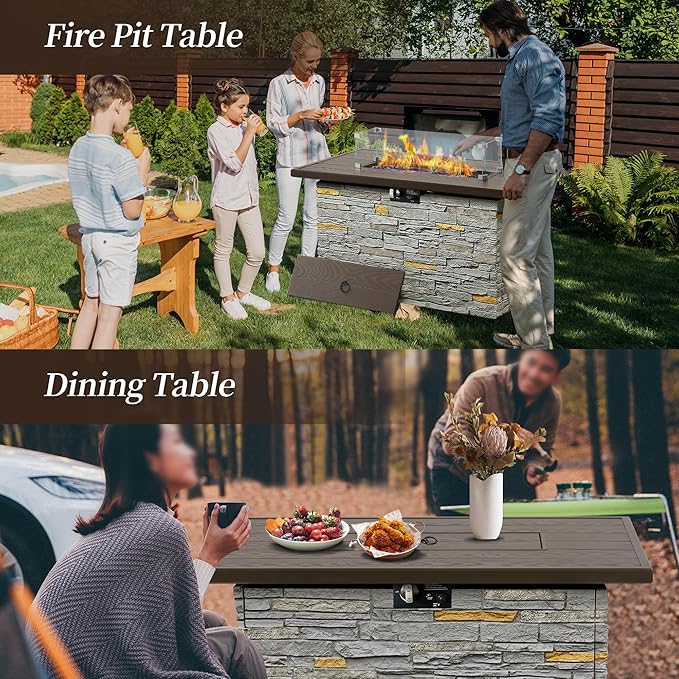 PIZZELLO 43 Inch Propane Fire Pit Table Outdoor Stone Firepit Table Rectangular 50000 BTU Propane Fire Tables for Outside Patio with Wind Guard Table Lid Fire Beads CoverPizzello Caldo (Gray)