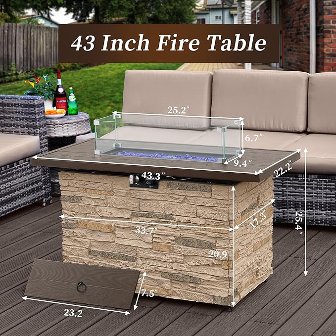 PIZZELLO 43 Inch Propane Fire Pit Table Outdoor Stone Firepit Table Rectangular 50000 BTU Gas Firepits for Outside Patio with Wind Guard Table Lid Fire Beads Cover Pizzello Caldo (Buff)