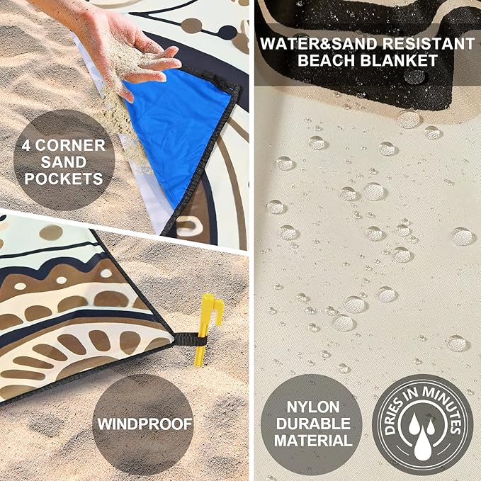 Beach Blanket Waterproof Sandproof Beach Mat 79 X 83/10'x9'for 2-8 Adults Quick Drying Outdoor Picnic Mat Beach Accessories for Travel Camping Hiking