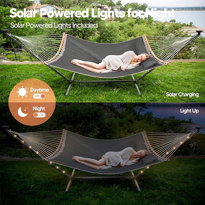 SUNCREAT Double Backyard Hammock with Solar Powered Lights for Outside 475 lbs Capacity Heavy Duty Self Standing Hammock with 12 ft Stand Dark Grey