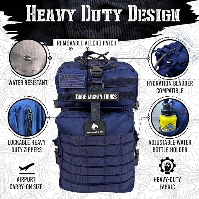 AMERICANPHOENIX 45L Elite Tactical Backpack | 3X Stronger Work &amp Military Backpack | Water Resistant and Heavy Duty | 3 Day MOLLE Bug Out Bag (Atlantic Blue)