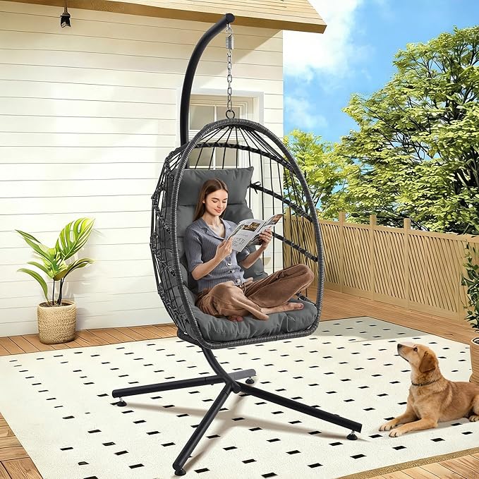 Hanging Egg Chair with Stand Foldable Hanging Chair with Cushion Wicker Rattan Hammock Swing Chair Indoor Outdoor Lounging Chair 350 LBS Capacity for Patio Bedroom Balcony Garden