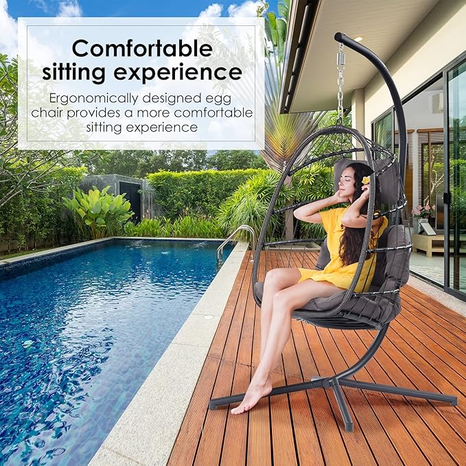 XIAO WEI Egg Chair with Stand - Patio Rattan Wicker Hanging Swing Egg Chair Hammock Chair for Indoor Outdoor Bedroom Garden - Aluminum Steel Frame and UV Resistant Cushion 350LBS Capacity (Dark Grey)