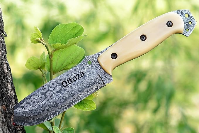 Ottoza Fixed Blade Hunting Knife with Leather Sheath and Horizontal Carry - Bone Handle - Full Tang Outdoor Survival and Camping Knife for Men 315