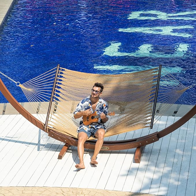 Lazy Daze Hammocks 10.5 FT Double 2 Person Caribbean Rope Hammock Hand Woven Polyester Hammock with Spreader Bars for Outside Outdoor Backyard Patio Poolside 450 LBS Capacity Tan