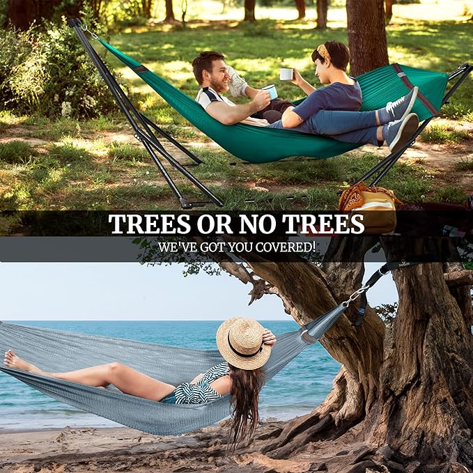 Tranquillo Combo x2 Hammocks with Stand for Outside &amp Tree Straps Heavy Duty Hammock with Stand 600lbs for Indoor Outdoor Patio Backyard x2 Hammocks for 2 Person (Combo - Peacock Medium)