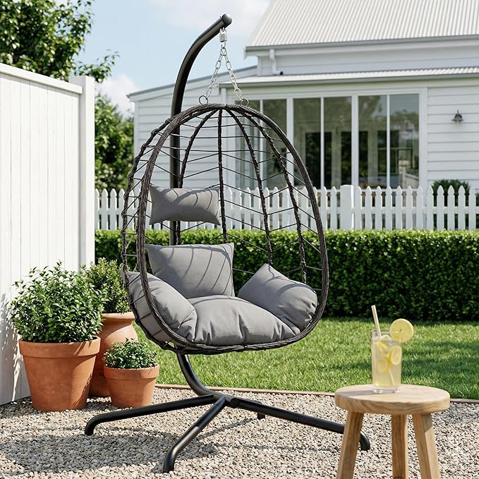 LEX CRAFT Hanging Egg Chair with Stand Swinging Egg Chair Outdoor Indoor Hanging Basket Chair with Cushion Patio Wicker Hammock Chair 350lbs Capacity for Porch Balcony Backyard Garden (Grey1)