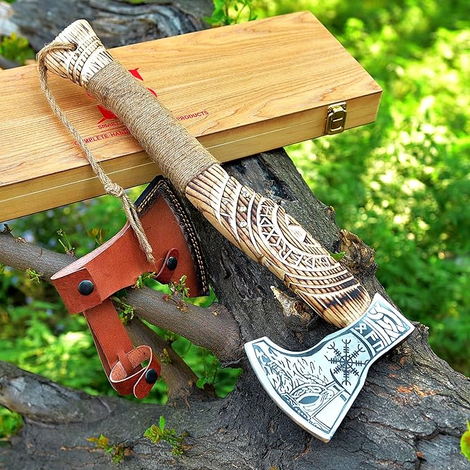 SS SMART &amp SHARP SPORTS INC Custom Handmade High Carbon Steel Viking Axe Real HatchetGift for hIm19 inches SS-17604 with Wooden Box