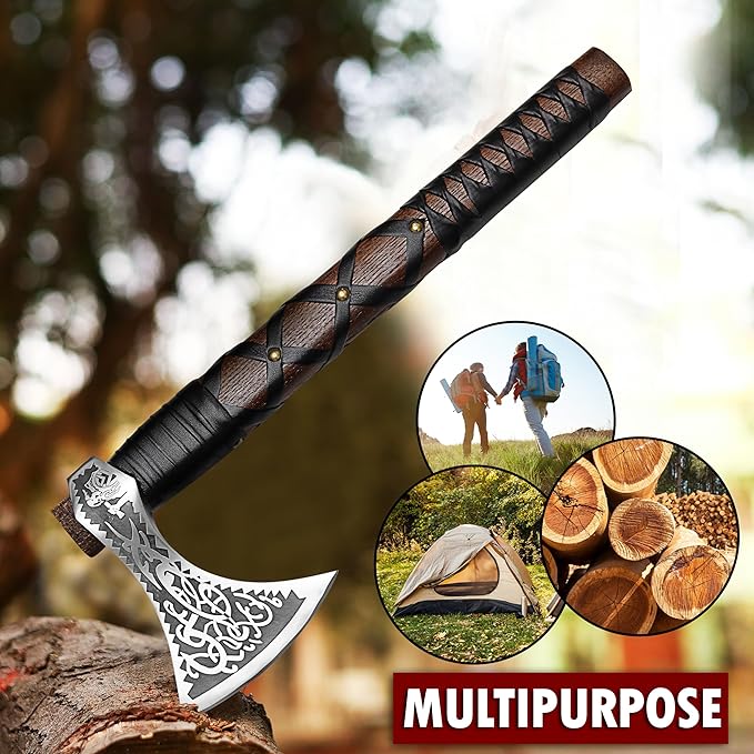 SHINY CRAFTS® Norse Viking Axe with Leather Sheath – Hand-Forged Bearded Hatchet Tomahawk Axe for Camping Survival Woodcutting Unique Gift for Him Husband Dad Groomsmen (Black-VBA-04)
