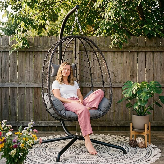 LEX CRAFT Hanging Egg Chair with Stand Swinging Egg Chair Outdoor Indoor Hanging Basket Chair with Cushion Patio Wicker Hammock Chair 350lbs Capacity for Porch Balcony Backyard Garden (Grey1)