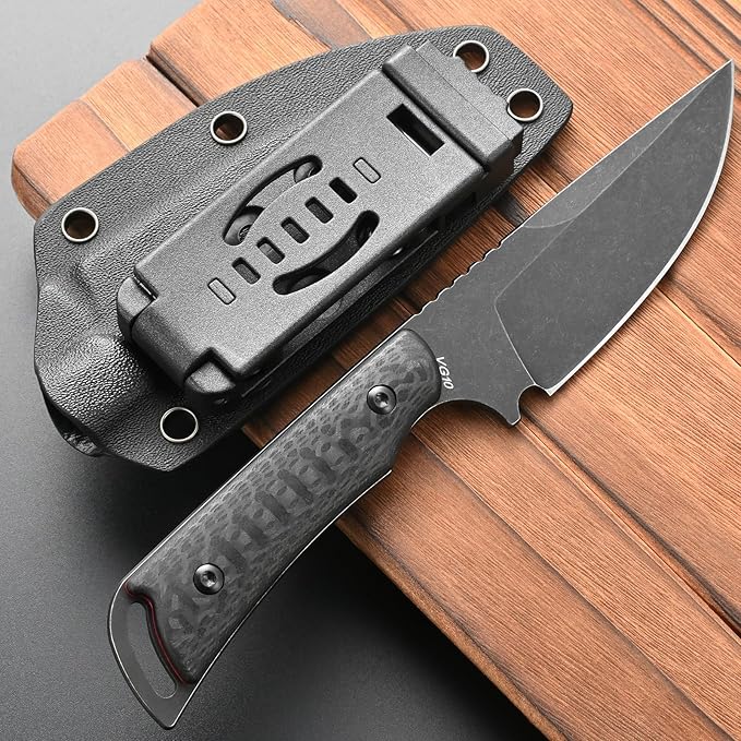 FF113 VG10 Black Stonewashed Steel Fixed Blade Knife Carbon Fiber Handle Full Tang Knife with Sheath for Outdoor Camping Hunting Working (Black)