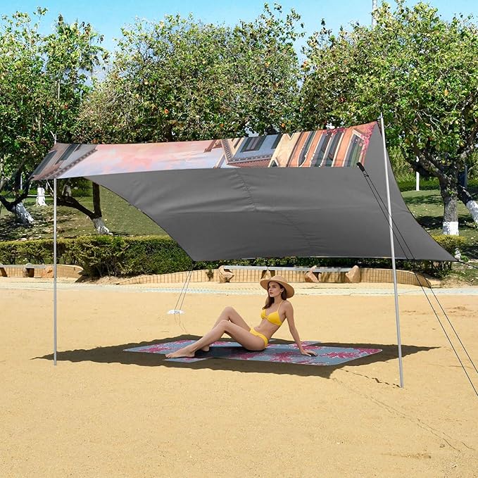 Landscape Beach Canopy Sun Shelter with Sandbags &amp Sand Shovel &amp Windproof Ropes - Portable 110x126 Beach Shade Beach Tent for Camping Picnics