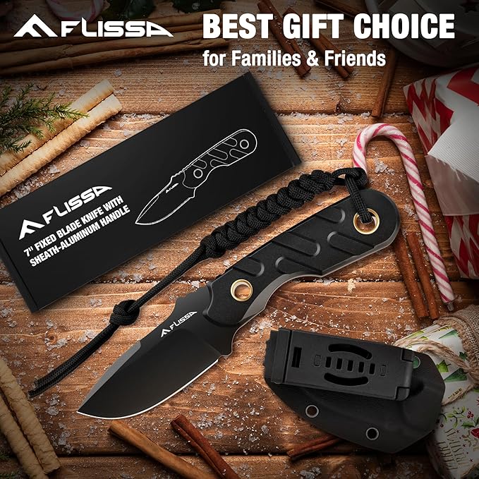 FLISSA Fixed Blade Knife 7 Inch Full Tang Hunting Knife with Kydex Sheath and Emergency Rope Tactical Knife for Survival Camping Hiking(Black) (Pack of 2)