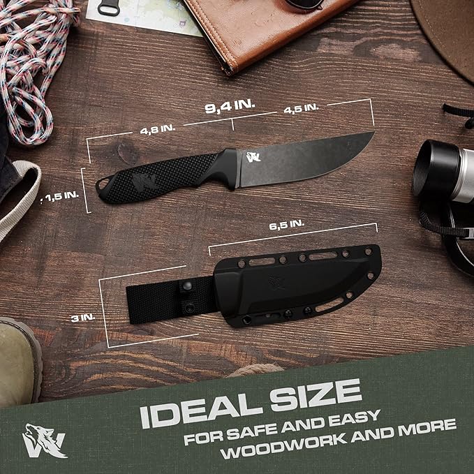 ODENWOLF W-FLAT Full Tang Survival Knife with Sheath - Stylish Tactical Fixed Blade - Made of D2 Steel - Bushcraft and Camping Knife Survival - Perfect EDC Hunting Knife with TPE Handle