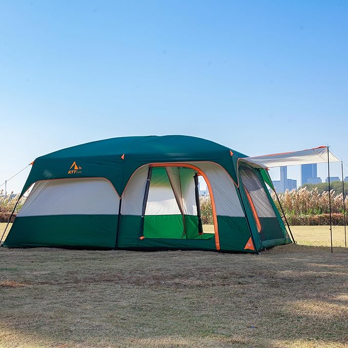 KTT Extra Large Tent 6-10-12-14 Person(A)Family Cabin Tents2 Rooms3 Doors and 3 Windows with MeshStraight WallWaterproofDouble LayerBig Tent for OutdoorPicnicCampingFamily Gathering