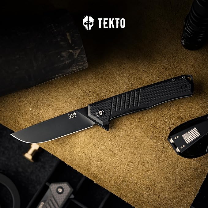 TEKTO F1 Alpha Folding Pocket Knife - Modified Straight Back Blade Titanium Coated D2 Steel Ideal for Outdoor Camping and Backpacking Tactical G10 Black Handle Black Titanium Accents