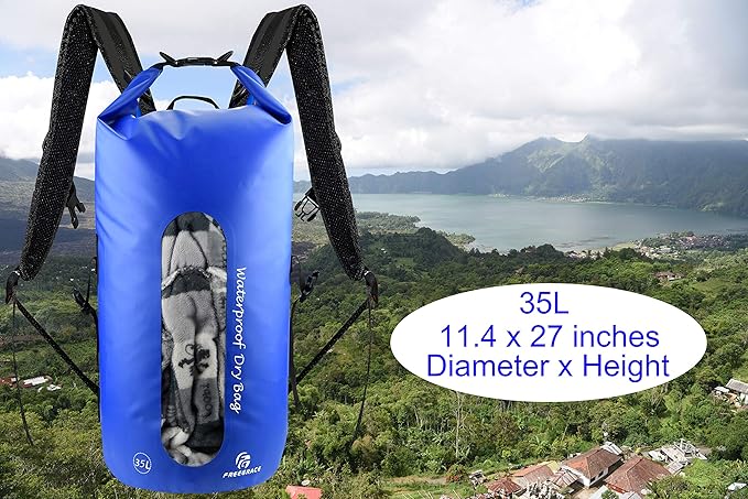 Freegrace Waterproof Dry Bag Set of 3 - Submersible Dry Sack with Double Zip Lock Seals - Includes Waist Pouch &amp Phone Case - Perfect for Kayaking Swimming Boating &amp Rafting (Window Navy Bl