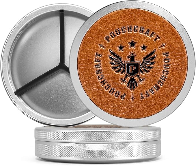 Leather-Faced Metal Pouch Can | Aluminum Container for Pouches with Removable Silicone Divider | Airtight O-Ring Moisture Odor Proof EDC Pocket Tin | Insignia Edition (Silver)