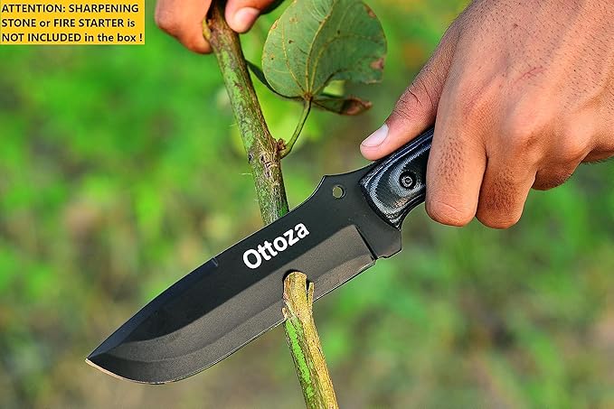 Ottoza Fixed Blade Hunting Knife with Leather Sheath and Horizontal Carry - Full Tang Outdoor Survival and Camping Knife for Men - Micarta Handle 312
