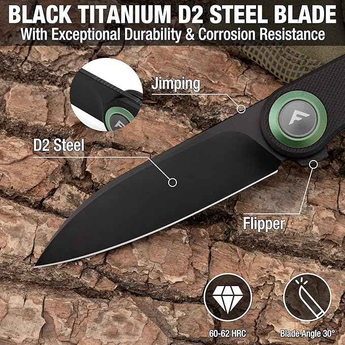 FLISSA Button Lock Folding Knife with 3.1 D2 Steel Blade G10 Handle &amp Shaft Lock Folding Knife for EDC Camping Hiking Fishing Outdoor Activities