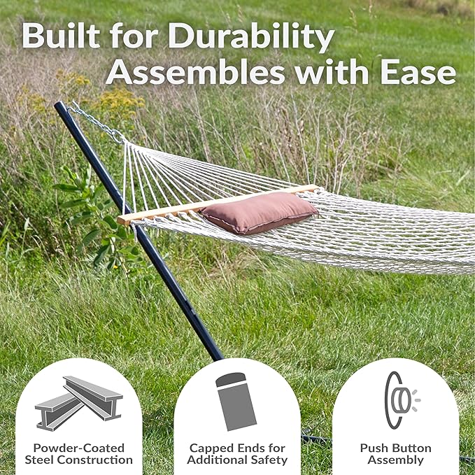 Sunnydaze Rope Hammock with Stand for Outside- 275-Pound Capacity - Includes 12-Foot Hammock Stand Spreader Bar Pad and Pillow - Desert Stripe