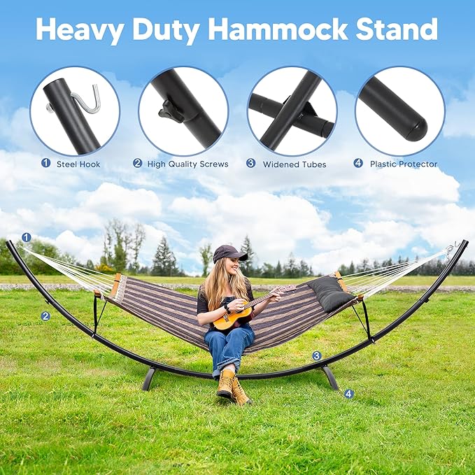 SUNCREAT Hammocks for Outside with Stand Porch Hammock and Stand 475 lbs Capacity Patent Pending Gray Stripes