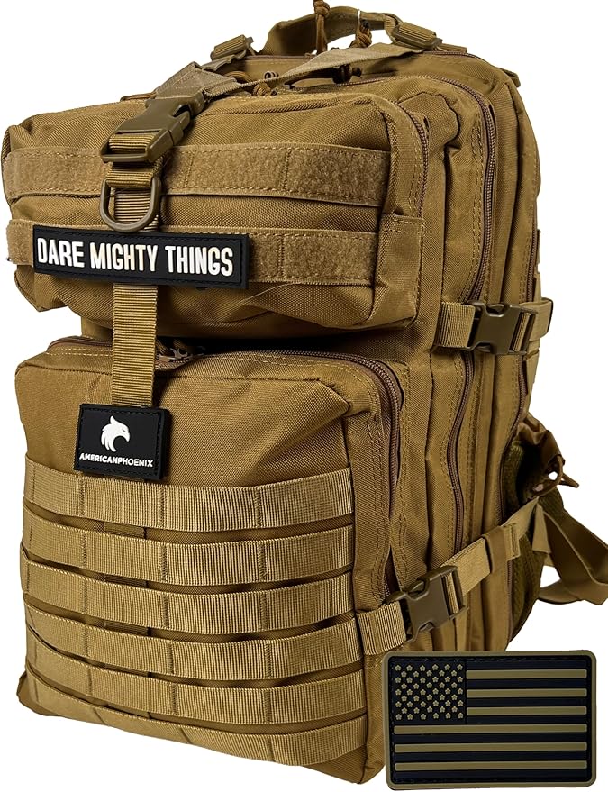 AMERICANPHOENIX 45L Elite Tactical Backpack | 3X Stronger Work &amp Military Backpack | Water Resistant and Heavy Duty | 3 Day MOLLE Bug Out Bag (Dune Brown)