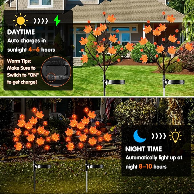 2 Pack Thanksgiving Decorations Lights Fall Decor Solar Lights Outdoor with 3D Maple Pumpkin 8 Modes Fall Thanksgiving Lights Outdoor Solar Lights Waterproof for Yard Decor
