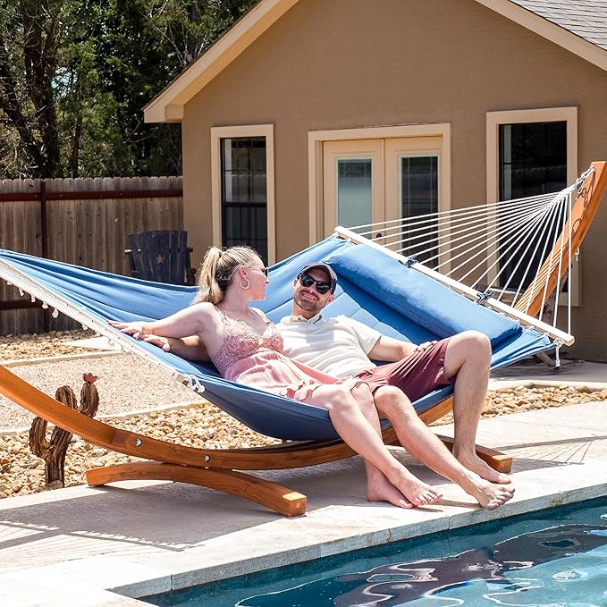 SUNCREAT Hammocks Double Hammock with 13.5 ft Wooden Stand Included Outdoor Hammocks for Outside 475 lbs Capacity Navy