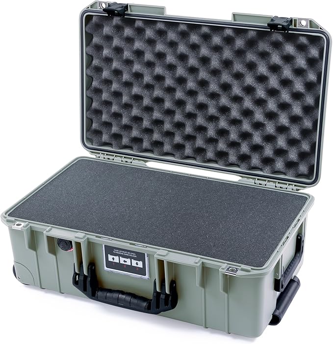 Pelican Air 1535 Carry-On Sage Green - Medium Size Waterproof Case with Pluck Foam Set and Lid Foam - Black Handles &amp Latches