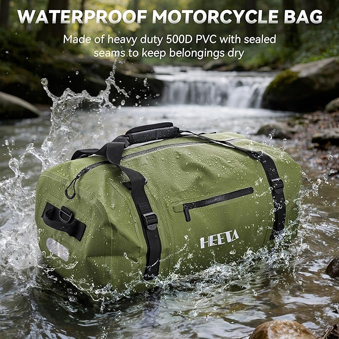 HEETA Waterproof Motorcycle Dry Bag Waterproof Duffel Luggage Travel Bags with Zippered Closure &amp Pocket Shoulder Straps Large Space for Motorcycling Camping Commuting Boating (Green 50L)