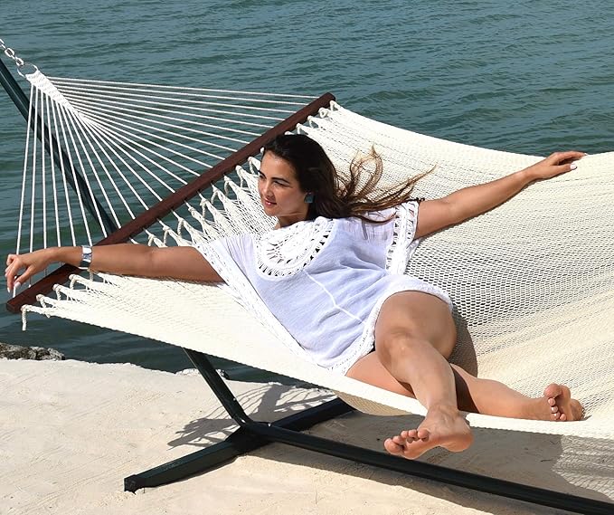 Island Oasis Caribbean Hammocks and Stand Set (Green Stand and Cream Hammock)
