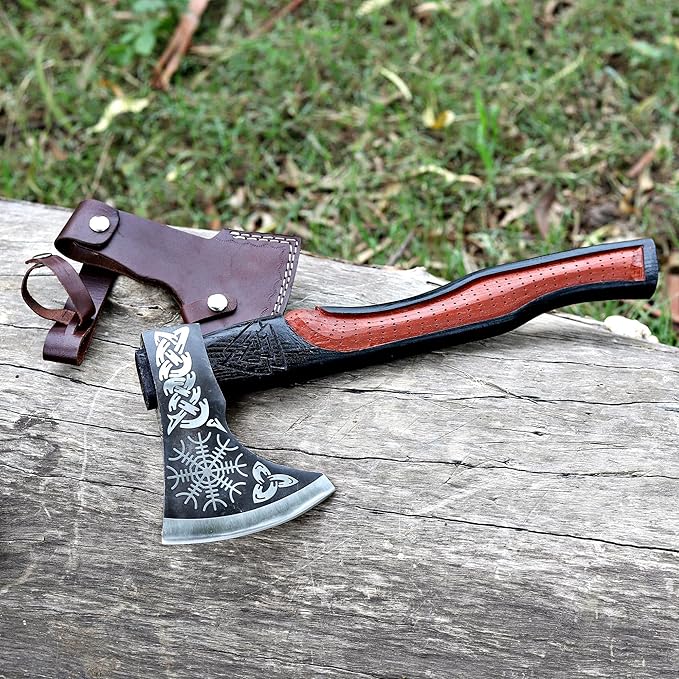 Viking Axe | 17 Carbon Steel Throwing Hatchet with Ash Wood Handle &amp Leather Sheath | Etched Norse Design Functional &amp Collectible Gift (WCA-01)