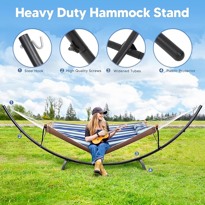 SUNCREAT Portable Outdoor Hammock with Stand Double Hammock with Stand for Outside Patent Pending Blue &amp White