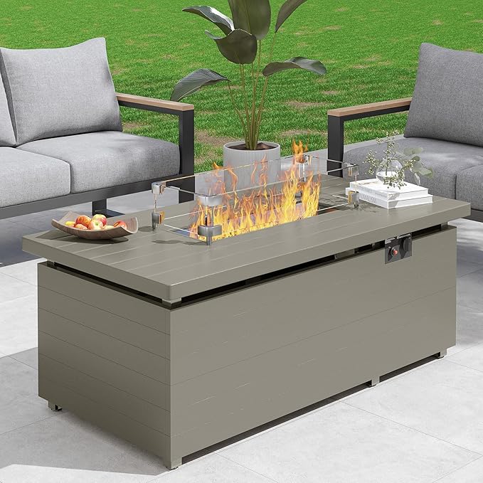 Sundale Outdoor 51 Inch Outdoor Fire Pit Table 50000BTU Rectangle Propane Fire Pit with Sliding Tank Holder Glass Wind Guard Dust Cover Removable Lid CSA Certified Olive Green