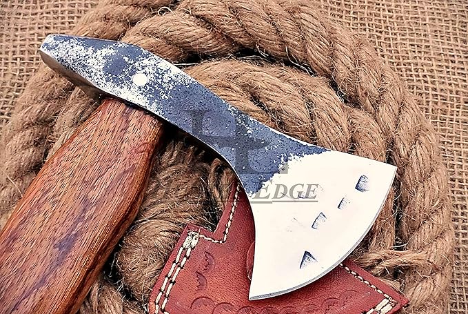 HUNTEX Custom Exposed Hand-Forged Marked 1095 High Carbon Steel 14 Inch Long Walnut Wood Handle Full Tang Razor Sharp Hunting Camping Outdoor Four Lugged Chopping Axe with Genuine Leather Sheath