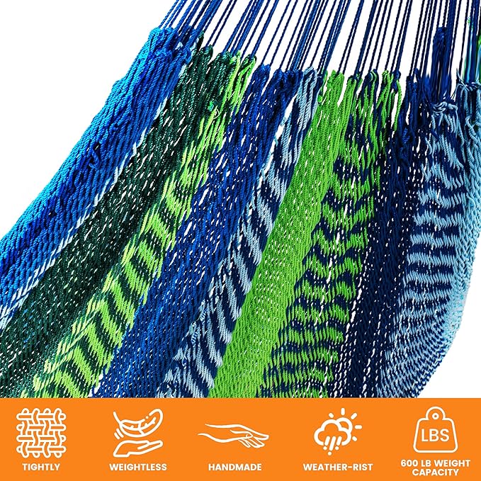 Lazy Daze Hammocks Handwoven Mayan Hammock 10.5 FT Soft Rope Double Hammocks Portable Outdoor Hammock with Carry Bag 2 Straps &amp Carabiners for Patio Outside 550 lbs Weight Capacity Blue/Green