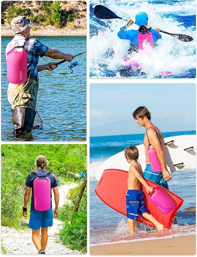 HEETA Waterproof Dry Bag with Phone Case Bundled with Upgraded Version with Emergency Whistle for Women Men Roll Top Lightweight Dry Storage Bag Backpack (Pink 5L)