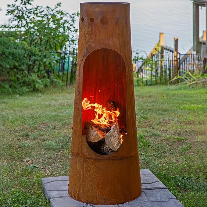 Sunnydaze Santa Fe 50-Inch Chiminea Outdoor Fire Pit - Wood-Burning Chiminea Outdoor Fireplace with Wood Grate - Rustic Patina Finish