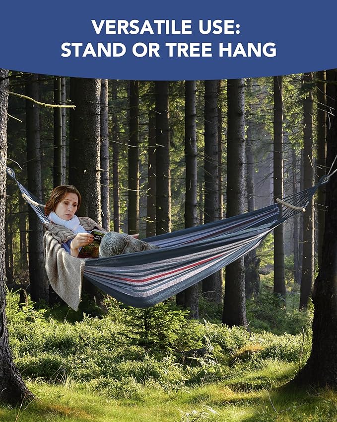 EveryFun Double Hammock with Heavy-Duty Steel StandPortableEasy Assembly600lbs Weight CapacitySuit for IndoorYardCampingor Outdoor-Fine Blue