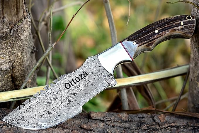 Ottoza Tracker Knife with Horizontal Carry Leather Sheath and Stag Horn Handle – Damascus Fixed Blade Hunting Knife for Survival and Outdoor Use 114