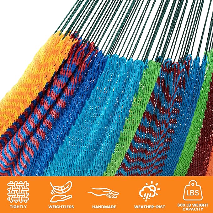 Lazy Daze Hammocks Handwoven Mayan Hammock 10.5 FT Soft Rope Double Hammocks Portable Outdoor Hammock with Carry Bag 2 Straps &amp Carabiners for Patio Outside 550 lbs Weight Capacity Multi Colo