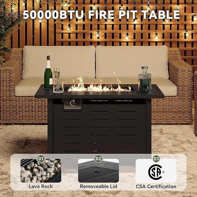 Aoxun 40 Inch Outdoor Propane Fire Pit - 50000 BTU Gas Fire Pit Table with Lava Rocks Patio Heater Rectangle Fire Table with Removable Lid &amp Waterproof Cover for Deck Backyard Garden Black